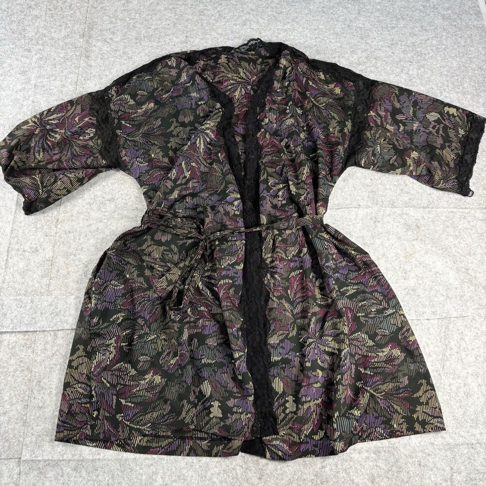 Vintage Blush Short Kimono Robe One Size Black Plum Floral Sheer Lace Belted USA
